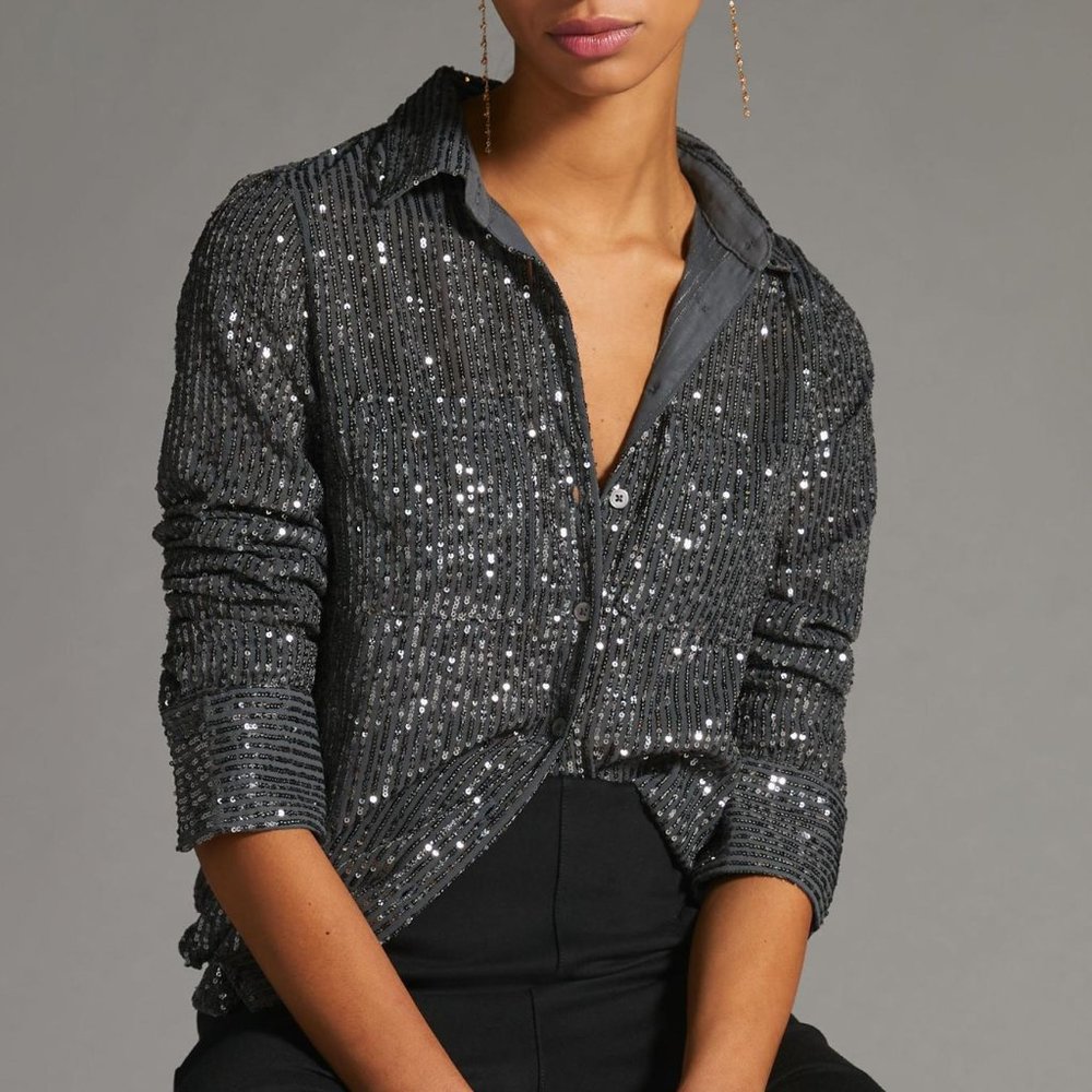 By Anthropologie Collared Sequin Buttondown - Slate Gray - Medium